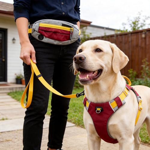 Hands Free Dog Leash with Waist Bag, Adjustable Waterproof Shock Absorption Reflective Leash with Poop Bag Dispenser Port for Medium Large Dogs Walking Running Hiking (Yellow) - color: yellow