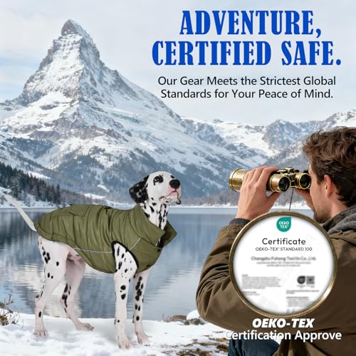 Dog Winter Puffer Jacket Waterproof, Reflective Furry Fleece Lined Dog Coats for Small Medium Dogs, Warm Snow Coat, Insulated Cold Weather Dogs Vest Jackets with Leash Hole, Olive - color: Olive, size: XL: 20–25 lbs