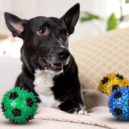 Gemscream 6 Pcs 3.4'' Spiky Squeaker Soccer Ball Dog Toy for Medium Large Dogs Heavy Duty Rubber Chew Toys for Aggressive Chewers Spiky Ball Fetch for Training Clean Teeth Outdoor - style: Soccer