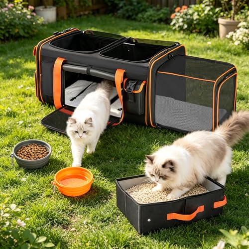 Expandable Cat Carrier for 2 Cats, Extra Large Soft-Sided Double Pet Travel Crate with Litter Box, Removable Divider - Ideal for Kittens, Small Dogs, Car Travel, Road Trip, Camping, Vet Visit