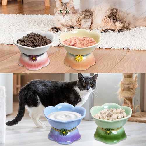 Kathson 4 Pcs Ceramic Raised Cat Food Bowls Elevated Kitty Bowl for Food and Water Anti Vomiting Tilted Cat Bowl for Kittens and Small Dogs Dishwasher and Microwave Safe (8.45 Ounces) - size: Blue,Green,Peach,Pink
