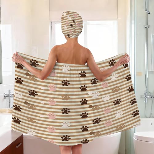 Dog Paw Stripes Microfiber Bathrobe and Hair Towel Wrap Set for Women Quick Dry Shower Towels Wrap Absorbent Soft Bath Robe and Hair Drying Cap for Spa After Shower