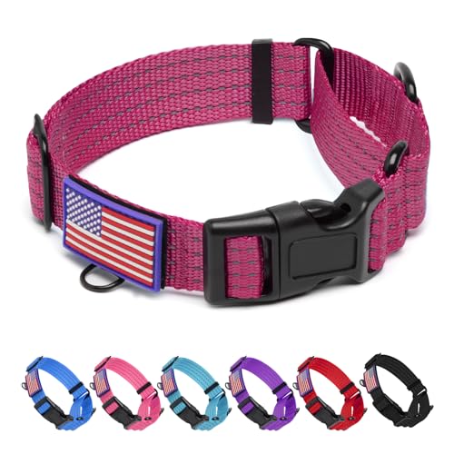 Martingale Dog Collar, Reflective No Pull Training Collar with Quick Release Buckle & USA Flag, Heavy-Duty Nylon, Adjustable for Small Medium Large Dogs (M,Hot Pink - color: Hot Pink with Flag, size: M (1" x 15.5"-19.5")