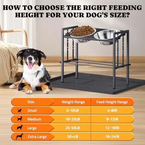 Raised Metal Dog Bowls - Large Breed, 3 Heights, Sturdy Stand for Extra Large Dogs, Black with Mat - color: Black+Mat L