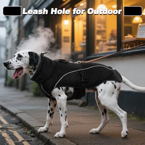 DENTRUN Warm Dog Winter Coat, Easy On Reflective Turtleneck Fleece Jacket | Adjustable buckle, easy on off, windproof & water-repellent, thick fleece snowsuit, outfit fits small to large breeds - color: Black, size: Large