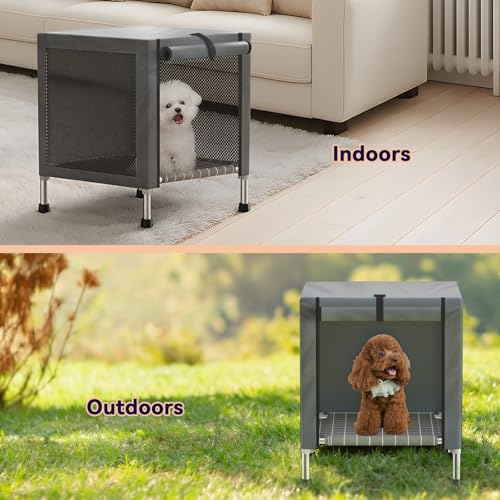 Small Stainless Steel Elevated Dog Crate with Cover, 2-in-1 Indoor & Outdoor Raised Pet House, Rust-Proof Dog Kennel with Silicone Anti-Slip Feet, Tool-Free Assembly - size: 20.0"L x 20.0"W x 24.0"H