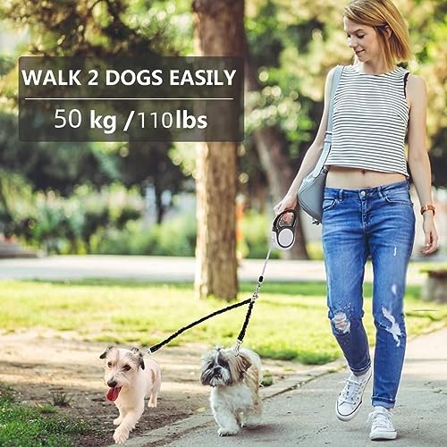 Dual Retractable Dog Leash for 2 Large Dogs (Up to 110 Lbs Each) - 18.5 FT Extendable Double Headed Pet Leash with Poop Bags, Non Slip Grip - One Button Break & Lock, 360 Tangle-Free (Gray, Large) - color: Gray, size: Large