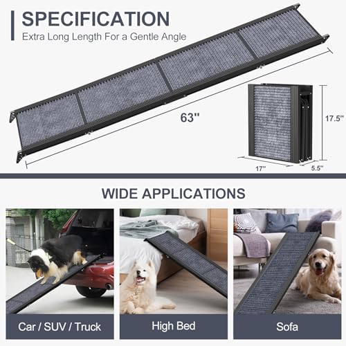 Dog Ramp for Car 63" Long & 17" Wide Portable Dog Ramps for Large Dogs with Non-Slip Rug Surface Dog Car Ramp for SUV Car & Truck, Folding Dog Ramp Up to 250LBS - size: Upgraded 63" L x 17.2" W