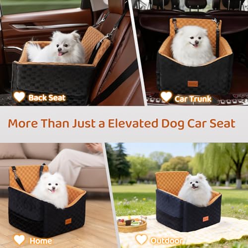 Dog Car Seats for Small Medium Dogs Up to 35lbs | Elevated Dog Booster Seat with Detachable Washable Cover & Cushion | Memory Foam Pet Car Travel Seat with Safety Belt and Storage Pockets - color: Brown