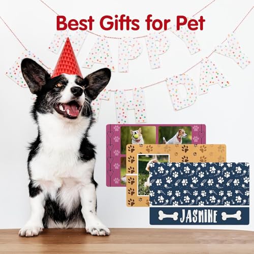Personalized Dog & Cat Food Mat with Name Waterproof PU Pet Bowl Mat Non-Slip Rubber Bottom Easy Clean Available in(24"×16", 30"×20", 36"×24") | Pet Feeding Mat for Food & Water (Blue Paw Prints) - color: Blue Paw Prints