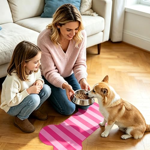 AnyDesign Bone Shaped Pet Food Mat Pink Dog Feeding Placemat Stripe Anti-Slip Waterproof Cat Feeder Pad for Pets Cats Indoor Outdoor Supplies
