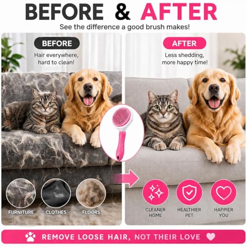 Pet Grooming Deshedding Brush, Self-Cleaning Massaging Brush for Dogs and Cats, Short and Long Hair (Pink) - color: Pink