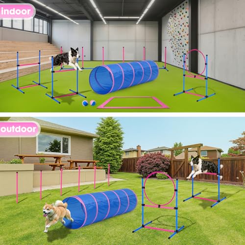 Dog Agility Course Backyard Set, Dog Agility Equipment, Pet obstacle Course Backyard with 6 Dual Mode Weave Poles, 2 Adjustable Hurdle, Jump Ring, Tunnel, Pause Box, Toy Balls and 2 Carrying Bags,Pink - size: Pink-15 PCS SET