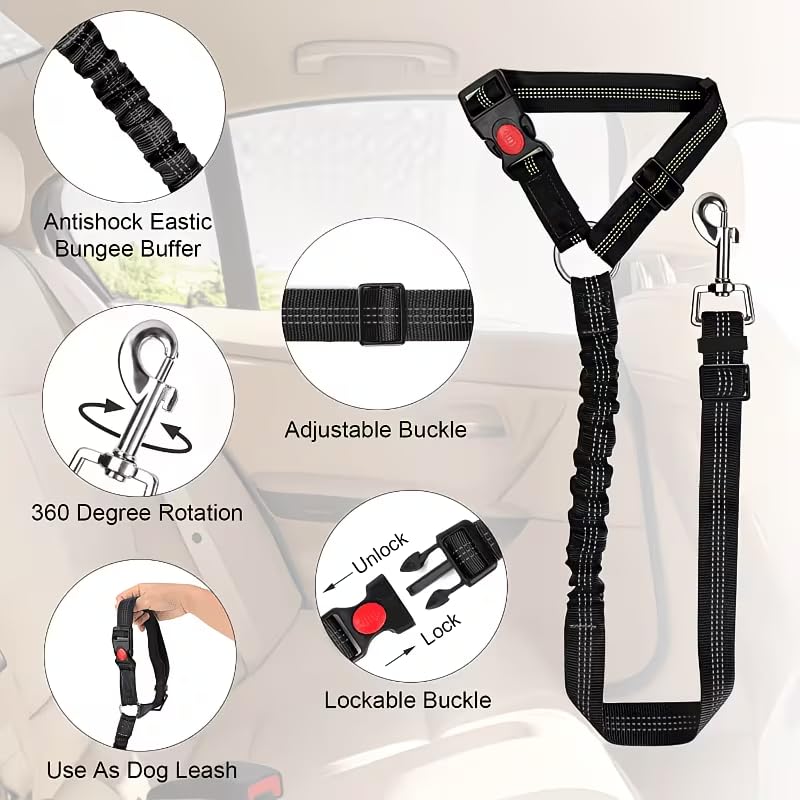 Elastic Retractable Dog Leash for Car Belts 1 Pack - Adjustable Pet Safety Tether for Vehicle Travel, Hands-Free Dog Restraint for Backseat,Black - color: black