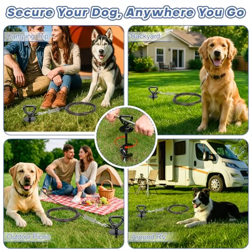 Tinnmao Heavy Duty Dog Tie Out Cable & Spiral Stake, 30 FT Tether with 15.7" (40cm) 12mm Coated Carbon Steel Screw-in Anchor (7cm Helix), Dual Swivel + Shock Spring, Outdoor Tie Out for Yard & Camping