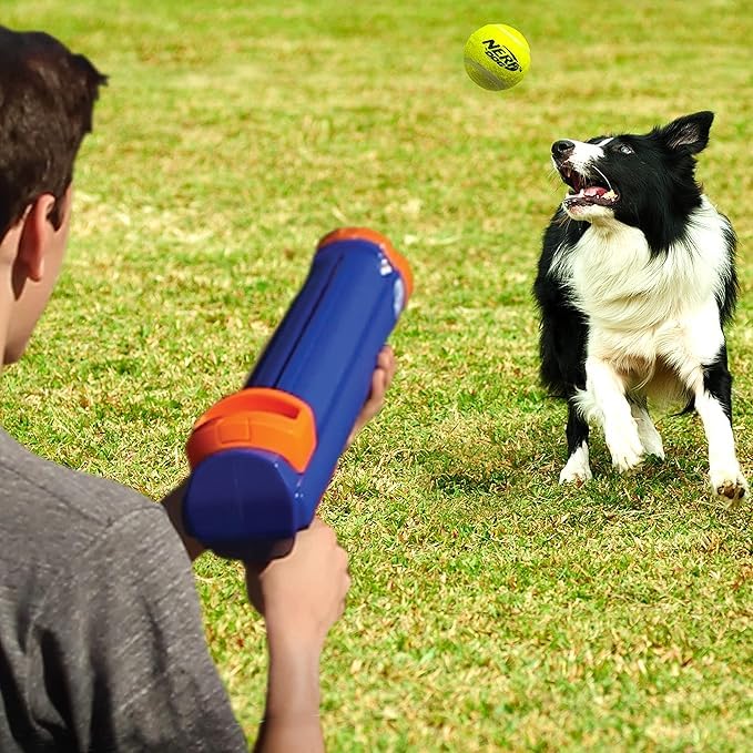 Nerf Dog Tennis Ball Blaster Dog Toy Gift Set, Tennis Ball Dog Fetch Toy Launches up to 50 ft, Dog Ball Thrower for All Breeds Includes Translucent Blue Tennis Ball Launcher and 3 Dog Tennis Balls - size: 4 Piece Set
