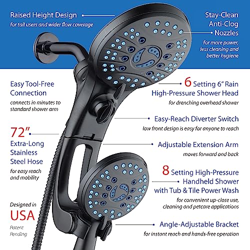 Hotel Spa AquaCare As-Seen-On-TV High Pressure Handheld/Rain 50-mode 3-way Shower Head Combo with Adjustable Arm - Anti-clog Nozzles, Tub & Pet Power Wash, 6 ft. Hose, Rubbed Bronze Finish - color: Oil Rubbed Bronze, style: 2.5 Gallons Per Minute