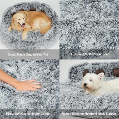Round Plush Calming Donut Dog & Cat Bed | Calming Design, Donut Shape - color: Grey, size: Large