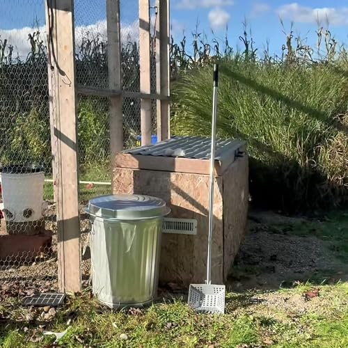 Chicken Poop Scooper Tempered Spring Steel Sifting Shovel for Chicken Coop with 32-60" Adjustable Stainless Steel Tube Cleaning Tool for Coop with Rubber Handle - size: 8" W x 3" D