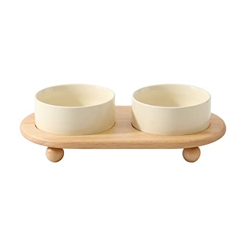 Havniva Raised Cat Bowls Water Bowl 5.1” Elevated Ceramic Cat Food and Water Bowl Whisker Friendly Pet Food Bowls for Indoor Cats, Wide Cat Water Dish Prevent Whisker Fatigue Non Slip Cat Feeder - color: 2 x Bowl + Stand - Light Yellow, size: 5.1inch