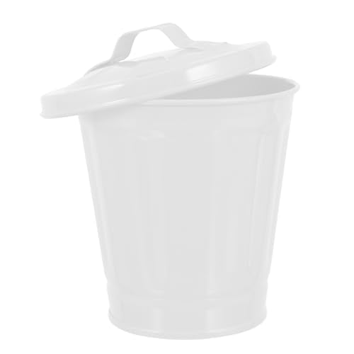 VOSAREA Small Mini Trash Can with Lid Stainless Steel Small Tiny Mini Trash Bin Can Desktop Waster Basket Outdoor Dog Poop Garbage Can Farmhouse Retro Metal Waste Bin for Bathroom Bedroom Garden Yard - color: White