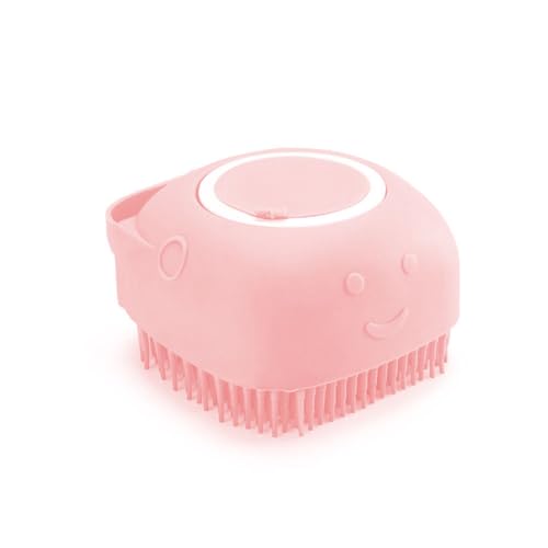 Dog Bath Brush with Shampoo Dispenser – Soft Silicone Pink Pet Scrubber for Stress-Free Bathing, Easy Refill (Dogs & Cats)