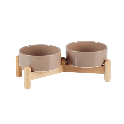 Havniva 5.1inch Ceramic Raised Dog Bowl with Stand, Double Dog Bowls Elevated for Small Breed Dog Food and Water Bowl Set Non-Slip Dog Dish Large Capacity Feeding Pet Water Bowl - color: 2 Bowls+Stand - Brown Coffee, size: 5.1inch