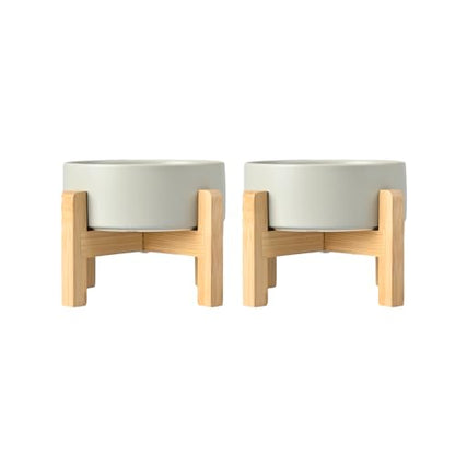 SPUNKYJUNKY Ceramic Elevated Dog Bowls 2 Pack - 5.1inch Raised Dog Bowls with Non-Slip Wooden Stand for Small Dogs Dishwasher Safe(Grey,13.5OZ*2) - color: Grey, size: Small - 1.7 CUPS*2