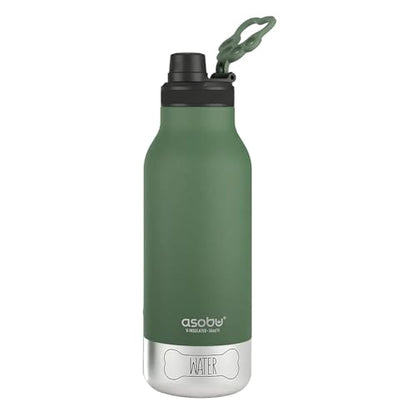 asobu Dog Barky Bottle - 음식, 간식 및 물을 위한 탈착식 강아지 그릇 2개가 있는 단열 스테인리스 스틸 물병 - 하이킹, 도로 여행 및 야외 모험을 위한 반려동물 친화적인 여행용 병 - color: 바질 그린.