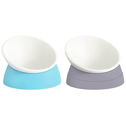 Elevated Cat Bowls, 2 Pack Adjustable Raised Slanted Food Bowls for Cats and Small Dogs, Wide Shallow PP Dishes with TPR Non Slip Bases, Whisker Friendly, 17 oz Each - color: Milky White, Light blue & Milky White, Grey