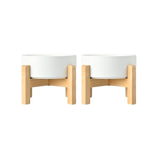 SPUNKYJUNKY Ceramic Elevated Dog Bowls 2 Pack - 5.1inch Raised Dog Bowls with Non-Slip Wooden Stand for Small Dogs Dishwasher Safe(White,13.5OZ*2) - color: White, size: Small - 1.7 CUPS*2