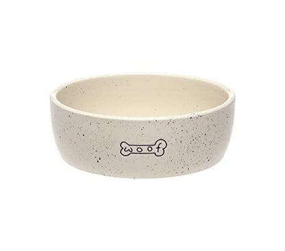Pearhead Ceramic Dog Bowl – “Woof” Speckled Pet Food & Water Dish, Durable Stoneware, Non-Slip Heavy Base, 20 oz, Medium - color: White "Woof" Bowl, size: Medium