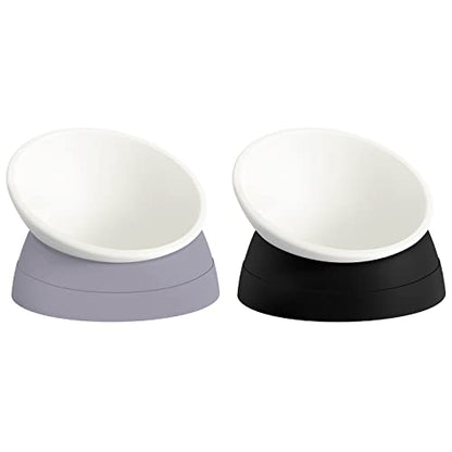Ravitat 2Pcs Elevated Cat Food Bowl - Adjustable, Anti-Slip & Anti-Noise, Protects Pet's Spine - Thickened Plastic, 17 Oz - color: Milky White, Black & Milky White, Grey