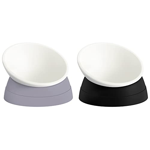 Ravitat 2Pcs Elevated Cat Food Bowl - Adjustable, Anti-Slip & Anti-Noise, Protects Pet's Spine - Thickened Plastic, 17 Oz - color: Milky White, Black & Milky White, Grey