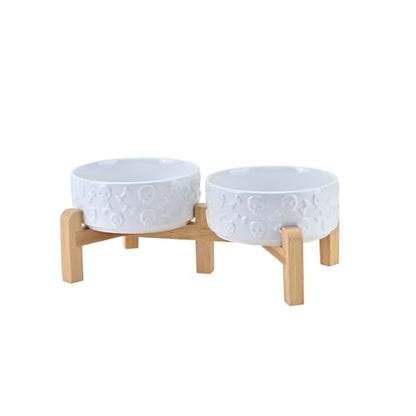 SPUNKYJUNKY Elevated Dog Bowls Ceramic, 5.1'' Dogs and Cat Food Water Bowls Raised with Non-Slip Bamboo Stand for Puppy Small Sized Breed Microwave Dishwasher Safe - 13.5 OZ,Skull White - color: White - Skull, size: 5.1 in - 1.7 cups