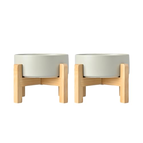 SPUNKYJUNKY Ceramic Elevated Dog Bowls 2 Pack - 6.1inch Raised Dog Bowls with Non-Slip Wooden Stand for Medium Dogs Dishwasher Safe(Grey,28.7OZ*2) - color: Grey, size: Medium - 3.6 CUPS*2