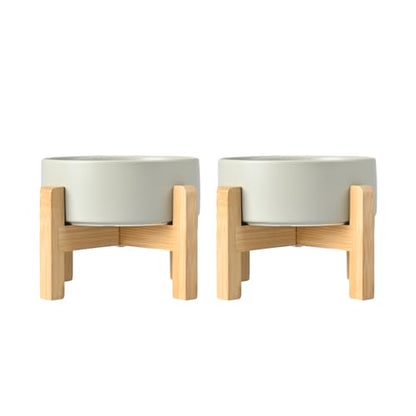 SPUNKYJUNKY Ceramic Elevated Dog Bowls 2 Pack - 6.1inch Raised Dog Bowls with Non-Slip Wooden Stand for Medium Dogs Dishwasher Safe(Grey,28.7OZ*2) - color: Grey, size: Medium - 3.6 CUPS*2