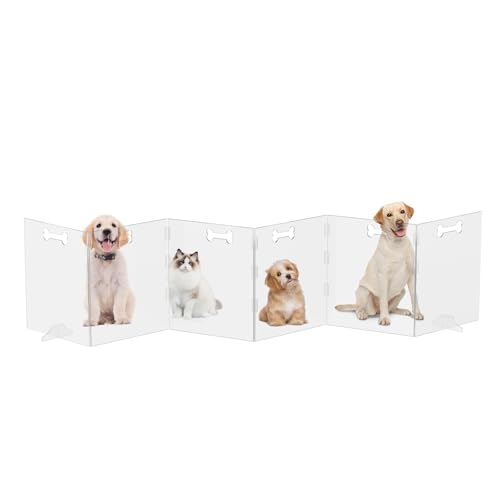 Clear Acrylic Dog Gate, 6 Panel 120" W x 24" H, Transparent Freestanding Pet Playpen Indoor, Foldable Pet Fence Barrier for Doorway with Handle/Support Feet - size: 6 Panel 120" W x 24" H