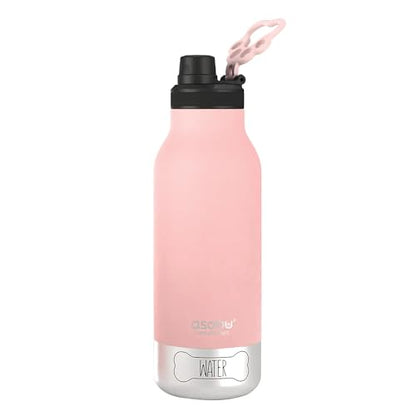 asobu Dog Barky Bottle - 음식, 간식 및 물을 위한 탈착식 강아지 그릇 2개가 있는 단열 스테인리스 스틸 물병 - 하이킹, 도로 여행 및 야외 모험을 위한 반려동물 친화적인 여행용 병 - color: 핑크