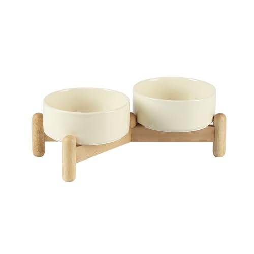 Havniva 5.1inch Ceramic Raised Dog Bowl with Stand, Double Dog Bowls Elevated for Small Breed Dog Food and Water Bowl Set Non-Slip Dog Dish Large Capacity Feeding Pet Water Bowl - color: 2 Bowls+Stand - Light Yellow, size: 5.1inch