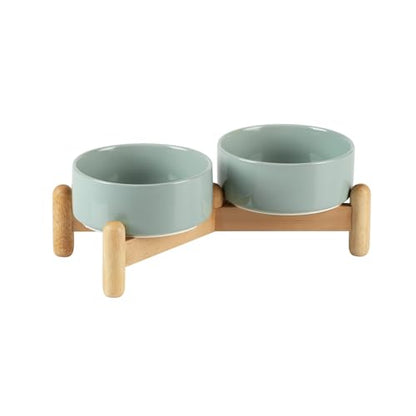 Havniva 5.1inch Ceramic Raised Dog Bowl with Stand, Double Dog Bowls Elevated for Small Breed Dog Food and Water Bowl Set Non-Slip Dog Dish Large Capacity Feeding Pet Water Bowl - color: 2 Bowls+Stand - Light Green, size: 5.1inch