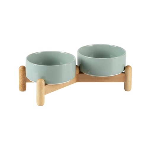Havniva 5.1inch Ceramic Raised Dog Bowl with Stand, Double Dog Bowls Elevated for Small Breed Dog Food and Water Bowl Set Non-Slip Dog Dish Large Capacity Feeding Pet Water Bowl - color: 2 Bowls+Stand - Light Green, size: 5.1inch
