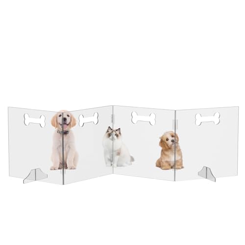 Clear Acrylic Dog Gate, 4 Panel 80" W x 24" H, Transparent Freestanding Pet Playpen Indoor, Foldable Pet Fence Barrier for Doorway with Handle/Support Feet - size: 4 Panel 80" W x 24" H