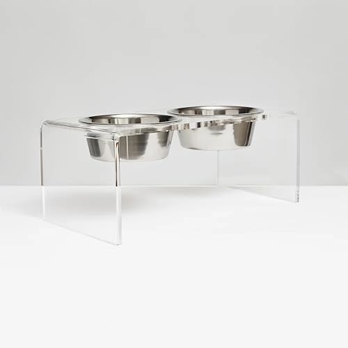 Hiddin Double Elevated Dog Bowl Stand for Medium or Large Dogs, All Breeds, Clear Acrylic 7 Inch Raised Dog Bowl Stand with Two Stainless Steel Bowls for Food and Water - 6.5 Cups Each Dish - size: 6.5 Cups