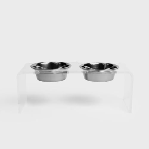 Hiddin Double Elevated Dog Bowl Stand for Medium or Large Dogs, All Breeds, Clear Acrylic 7 Inch Raised Dog Bowl Stand with Two Stainless Steel Bowls for Food and Water - 3.5 Cups Each Dish - size: 3.5 Cups