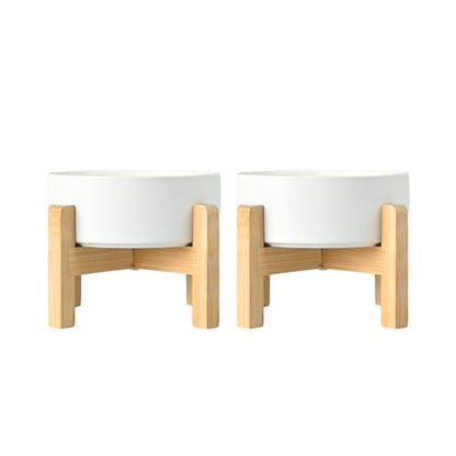SPUNKYJUNKY Ceramic Elevated Dog Bowls 2 Pack - 6.1inch Raised Dog Bowls with Non-Slip Wooden Stand for Medium Dogs Dishwasher Safe(White,28.7OZ*2) - color: White, size: Medium - 3.6 CUPS*2