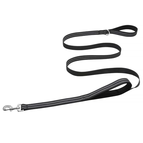 Hikiko 5 FT Heavy Duty Dog Leash with 2 Padded Handles Reflective Nylon Double Handle Dog Leash, Black - color: Black, size: 1 in x 5 ft
