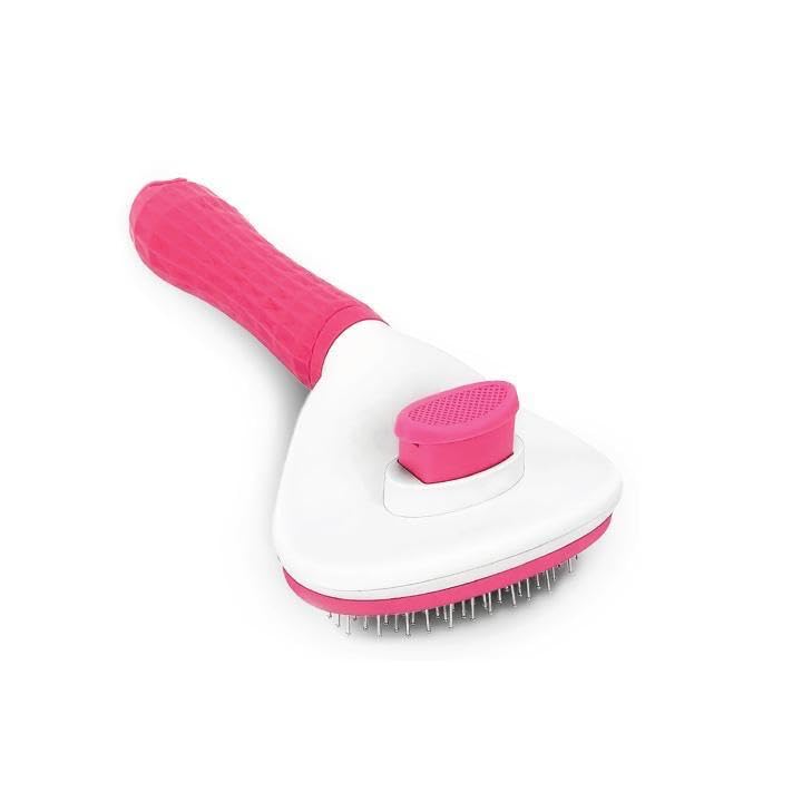 Self Cleaning Slicker Brush for Dogs & Cats – Deshedding Grooming Tool with One Click Hair Removal – Gentle for Sensitive Skin - color: PINK
