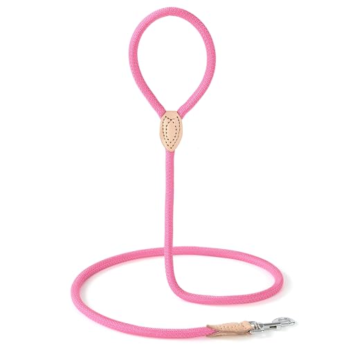 Mile High Life Dog Leash, Rope Leash with Genuine Leather Connection and Heavy Duty Metal Clasp, Great for Small Medium Large Dogs(Bright Pink,48 Inch) - color: Rope Handle-Bright Pink, size: 48 Inch-1/2"