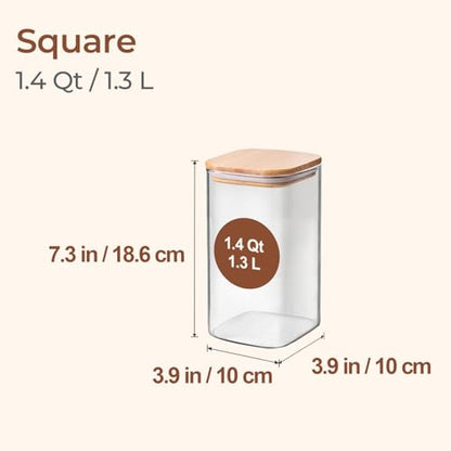 ComSaf 1.4 Qt Glass Storage Containers with Lids, Glass Jars with Lids, Clear Food Storage Jar, Square Canister Set of 3, Pantry Organizers and Storage for Flour Oat Pasta Tea Cookie Coffee Bean - size: 1.4Qt*3